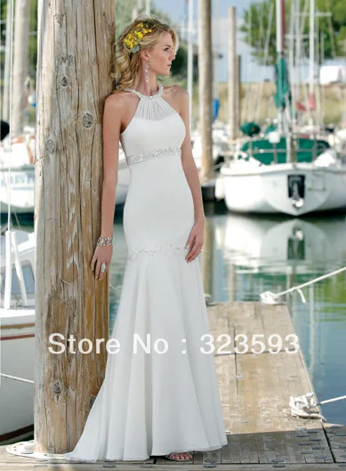 Free Shipping Summer Beaded Flowers Scoop Tulle Beach Wedding Free Shipping Elegant Rhinestone Beaded Pleat Sweep Train Halter Chiffon Beach Wedding Dresses 2017 Ankle Length Custom Made Bw1