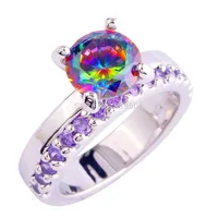 Pretty and Colorful Round Cut Rainbow Topaz & Amethyst Jewelry 925 Silver Ring Size 5 6 7 8 9 10 11 12 Wholesale Free Shipping