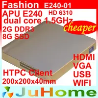HTPC client 200*200*40mm, AMD APU e240 dual-core 1.5GHz, DDR3 2GB, 8GB SSD, WIFI, USB2.0 *4, HDMI, VGA, Home Theater computer